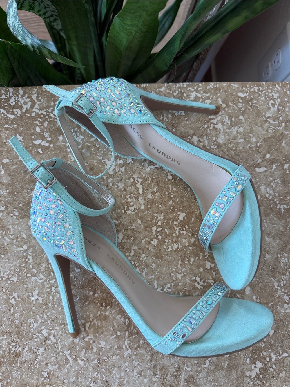 Chinese Laundry Aqua Rhinestone Stiletto Heels Strappy Sandals